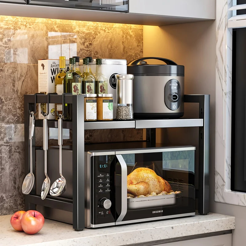 Kitchen Baking Rack - 拡張可能な電子レンジ棚、6つのフック付き電子レンジホルダー、キッチン収納ラック、電子レンジベーキングラック、伸縮式40〜64cm