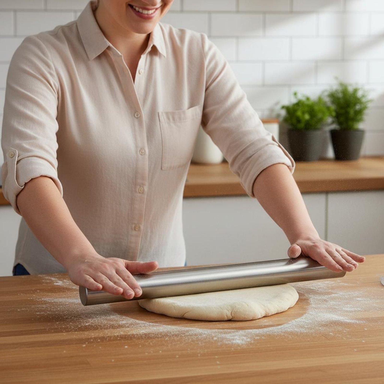 プロ仕様のステンレス製麺棒。生地を均一に伸ばすのに最適。餃子 - Kitchen Roller Baking のレビューと価格
