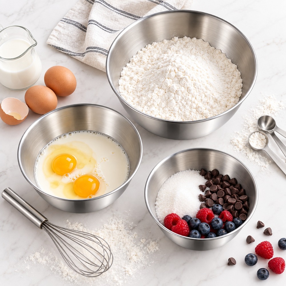 ステンレス製ミキシングボウル 3点セット 目盛り付き 厚手  - Baking Kitchen Set のレビューと価格